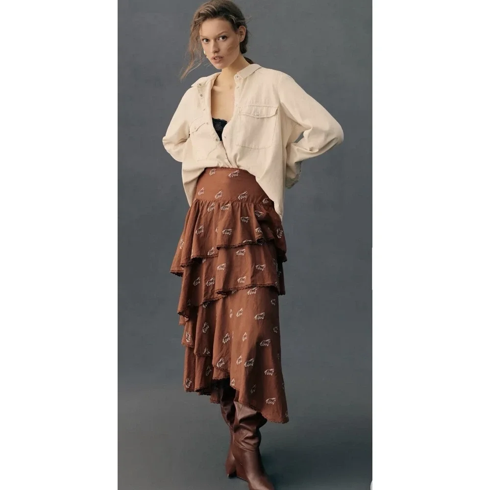 FARM Rio for Anthropologie Maxi skirt Rusty Brown Embroidered Horse Layered XS